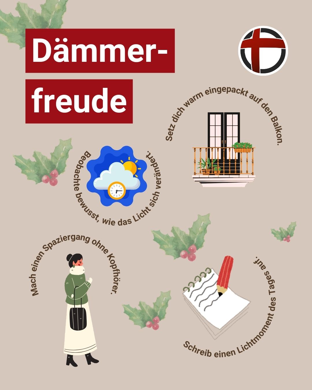 Dämmerfreude: Beobachte bewusst, wie das Licht sich verändert. Setz dich warm eingepackt auf den Balkon. Mach einen Spaziergang ohne Kopfhörer. Schreib einen Lichtmoment des Tages auf.
