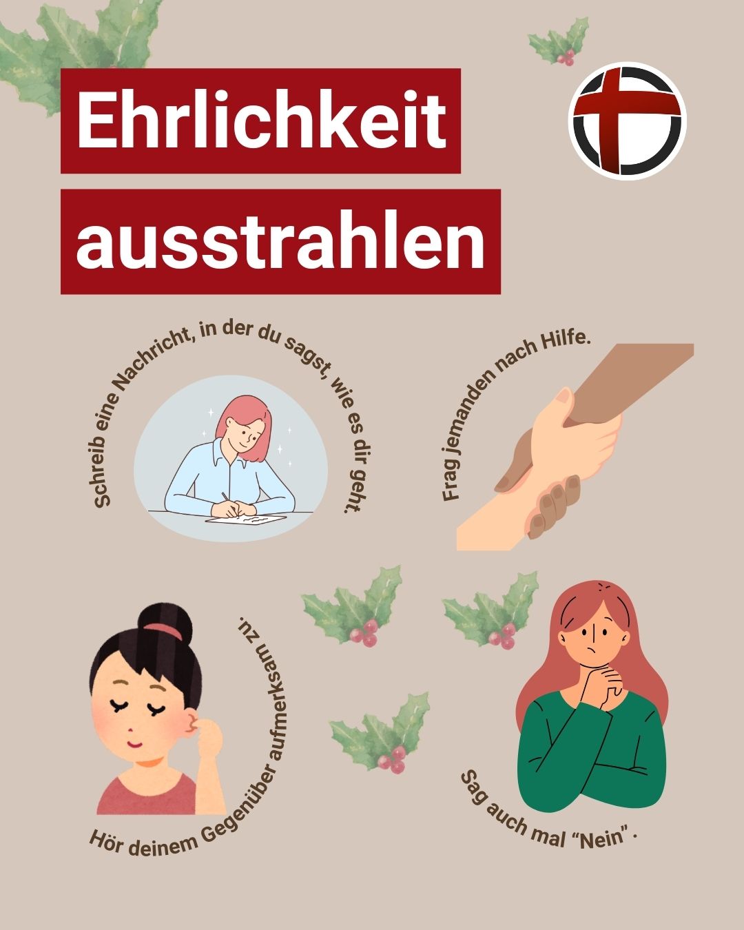 Ehrlichkeit ausstrahlen: Schreib eine Nachricht, in der du sagst, wie es dir geht. Frag jemanden nach Hilfe. Hör deinem Gegenüber aufmerksam zu. Sag auch mal "Nein".