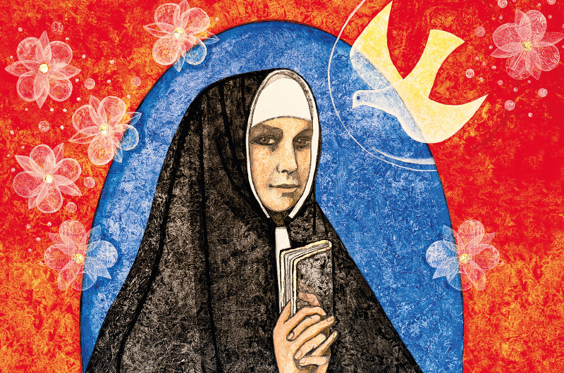 Gemaltes Bild (roter Hintergrund) mit Katharina Kasper, die ein Buch in der Hand hält, eine Taube kommt von oben rechts ins Bild geflogen; weiße Blüten zur Verzierung