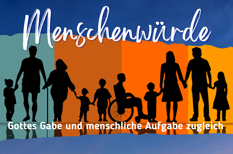 Grafik mit Menschen und Schriftzug "Menschenwürde"